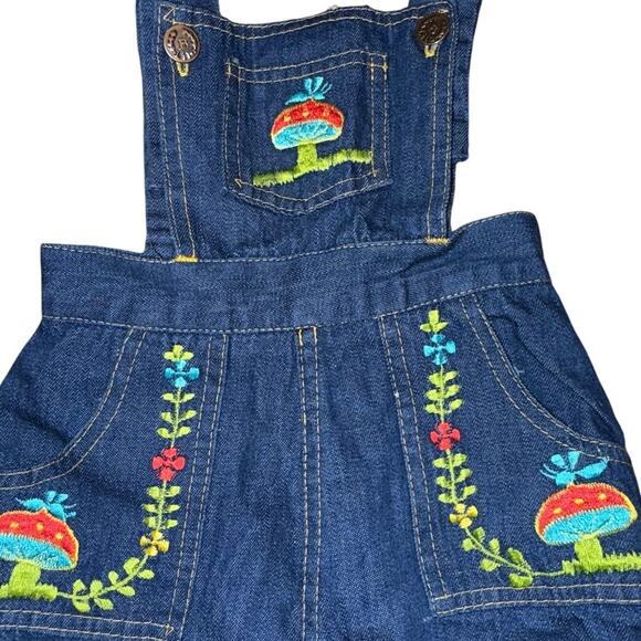 Rare Vintage 4T Girls 90s Cotton Denim Mushroom Embroidered Jumper Overall Dress - Picture 1 of 12